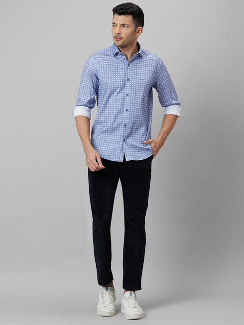 Mens Lavender Checked Spread Collar Cotton Linen Regular Fit Casual Shirt