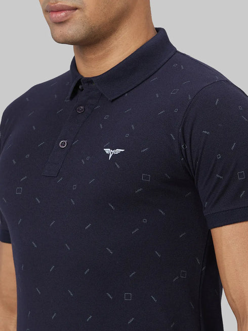 Men Turquoise Blue Polyester Printed Casual T-Shirt With Spread Collar