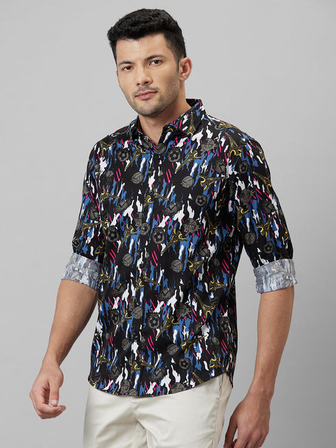 Mens Black Printed Casual Shirt Full Sleeves With Spread Collar