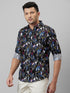 Mens Black Printed Casual Shirt Full Sleeves With Spread Collar