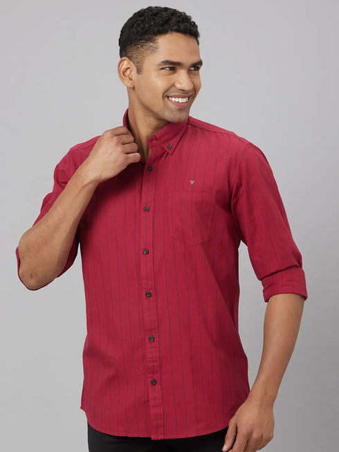 Men Red Striped Sustainable Casual Shirt With Full Sleeves