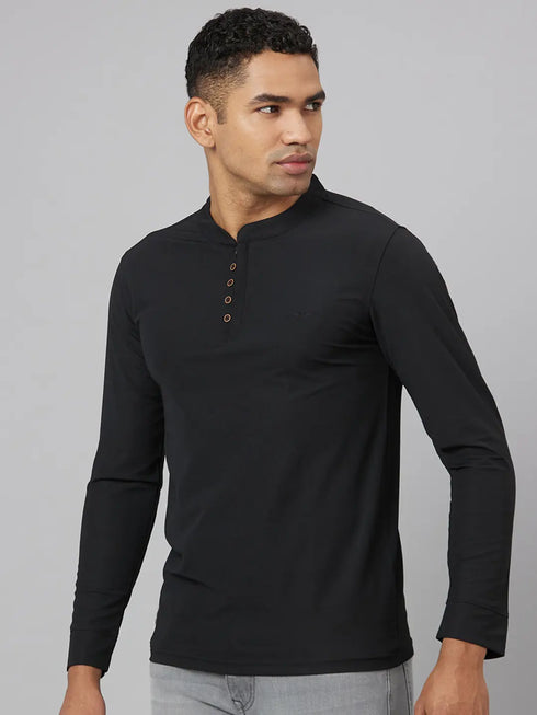 Men Black Solid Polyester Cotton Solid Lounge T-Shirt With Full Sleeves