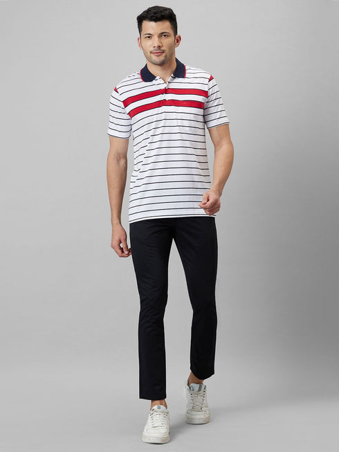 Mens White & Red Casual T-Shirt With Half Sleeves And Spread Collar