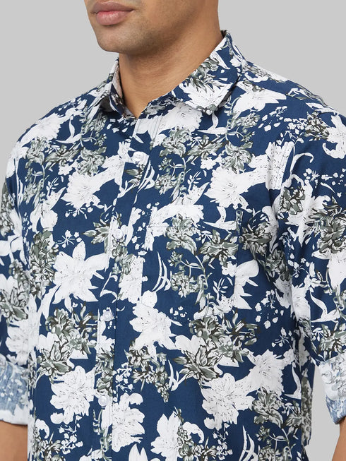 Men Blue & White Floral Print Sustainable Casual Shirt