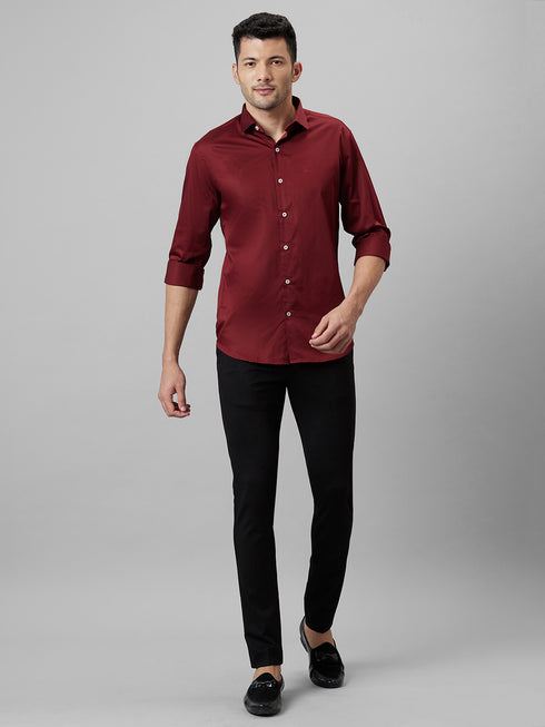 Mens Maroon Spread Collar Cotton Linen Regular Fit Casual Shirt