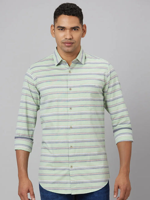 Men Green Striped line Sustainable Casual Shirt With Full Sleeves