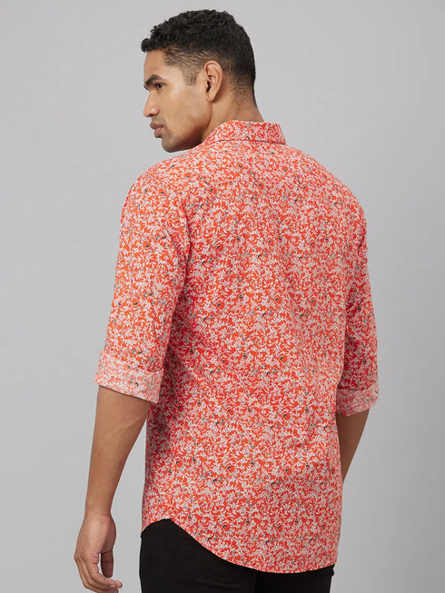 Mens Red Floral Printed Sustainable Casual Shirt With Full Sleeves