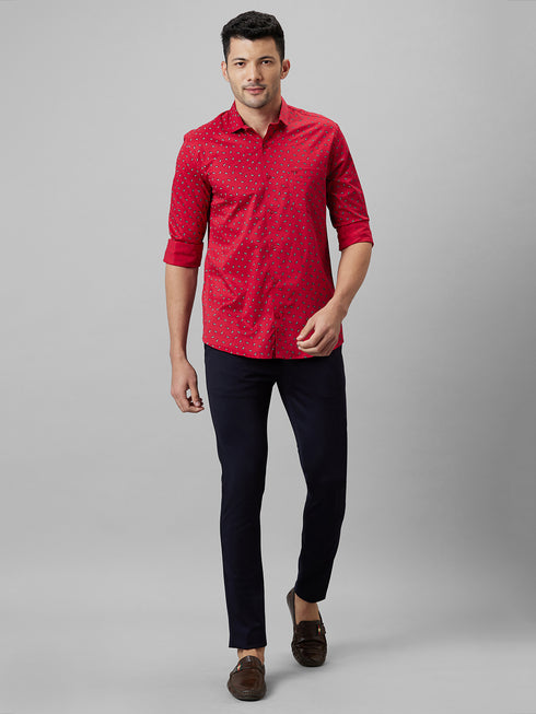 Mens Red Opaque Printed Spread Coller Cotton Linen Casual Shirt