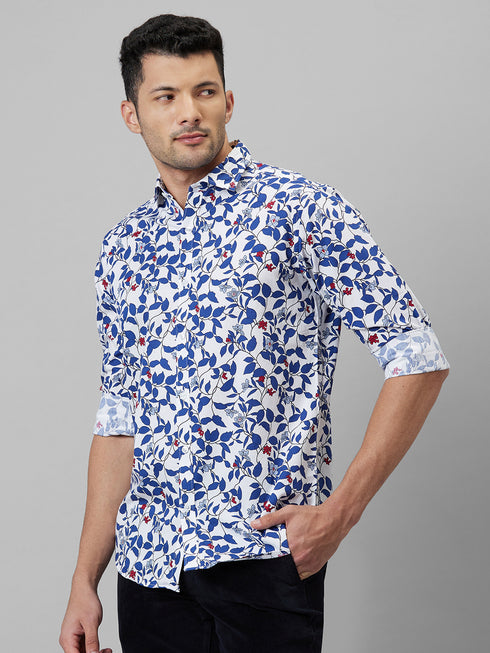 Mens White Floral Printed Spread Collar Cotton Linen Casual Shirt