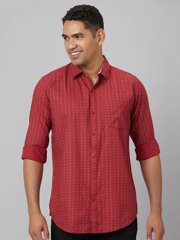 Men Red Printed Sustainable Casual Shirt With Spread Collar And Full Sleeves