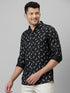 Mens Black Conversational Printed Cotton Linen Casual Shirt