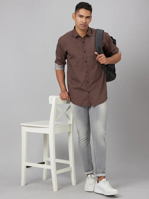 Men Coffee Brown Printed Sustainable Casual Shirt With Spread Collar And Full Sleeves