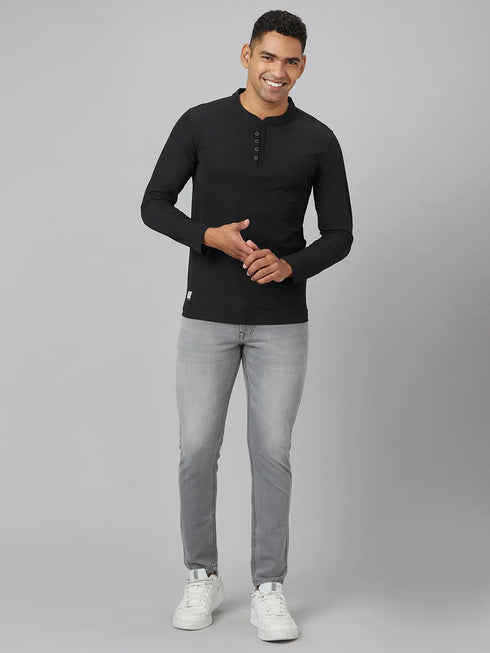 Men Black Solid Polyester Cotton Solid Lounge T-Shirt With Full Sleeves