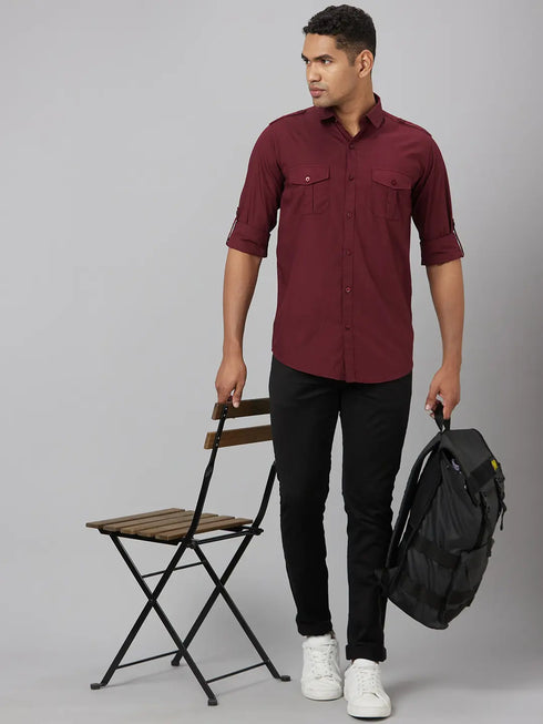 Men Maroon Solid Sustainable Casual Shirt With Full Sleeves