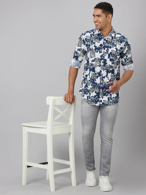 Men Blue & White Floral Print Sustainable Casual Shirt