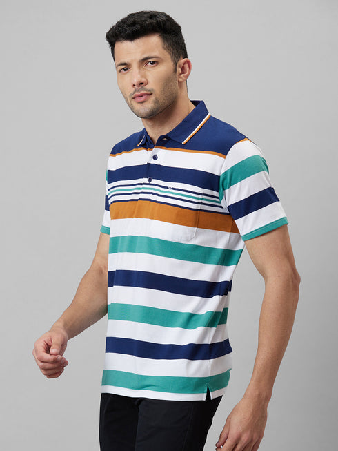 Mens Muticolor Striped Formal T-Shirt with Half Sleeves And Spread Collar