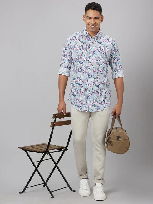 Men Sky Color Floral Print Sustainable Casual Shirt