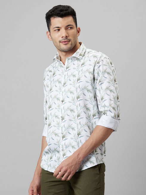 Mens White Floral Printed Opaque Casual Cotton Regular Fit Shirt