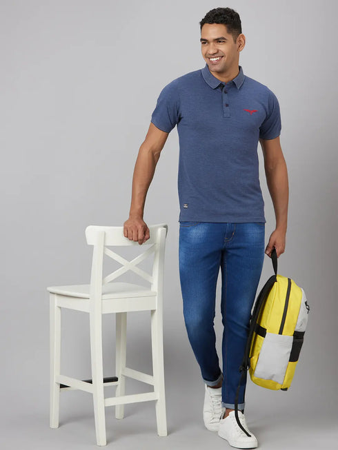 Men Blue Solid Lounge Casual T-Shirt With Printed Logo