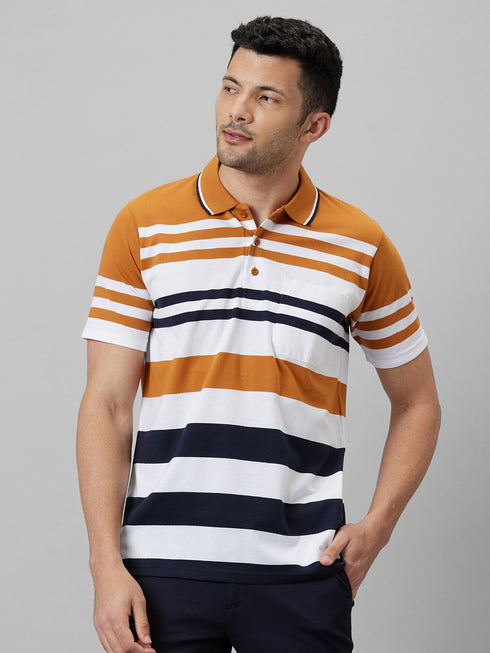 Mens Orange Striped Formal T-Shirt With Half Sleeves And Spread Collar