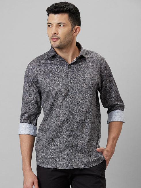 Mens Black Micro & Ditsy Printed Spread Collar Casual Shirt & Regular Fit