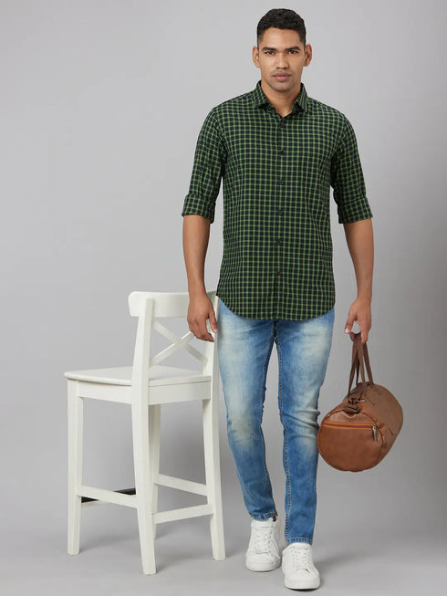Men Green & Black Checked Sustainable Casual Shirt With Full Sleeves