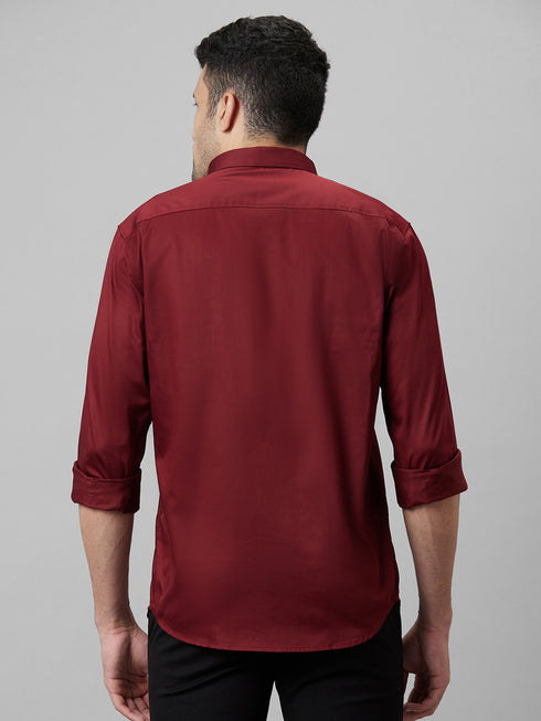 Mens Maroon Spread Collar Cotton Linen Regular Fit Casual Shirt