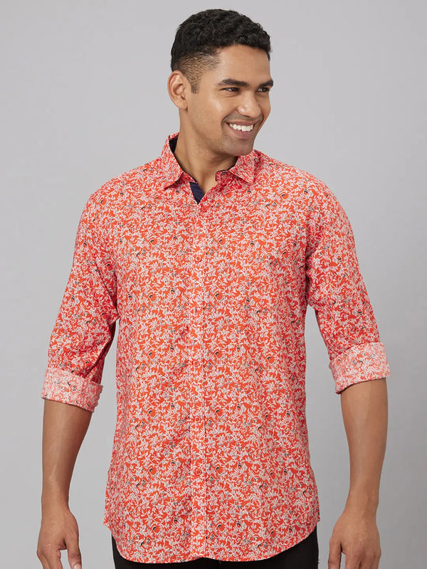 Mens Red Floral Printed Sustainable Casual Shirt With Full Sleeves