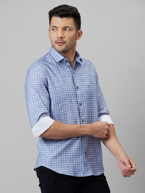 Mens Lavender Checked Spread Collar Cotton Linen Regular Fit Casual Shirt