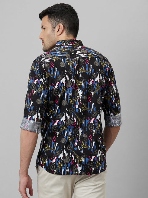 Mens Black Printed Casual Shirt Full Sleeves With Spread Collar