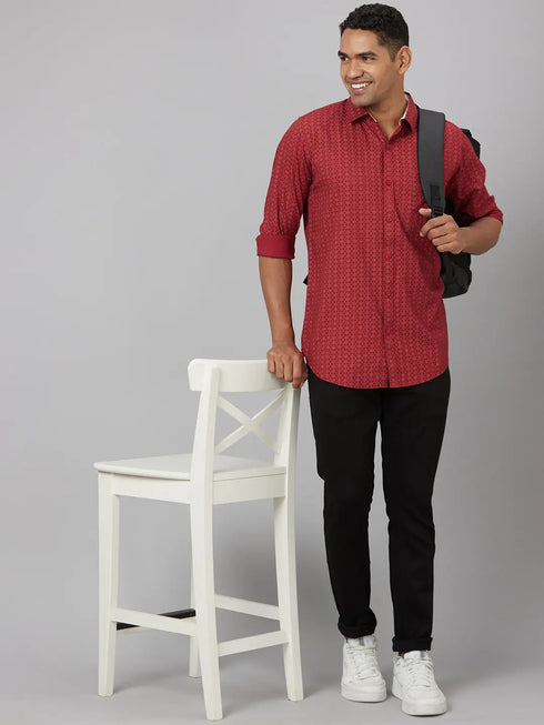 Men Red Printed Sustainable Casual Shirt With Spread Collar And Full Sleeves