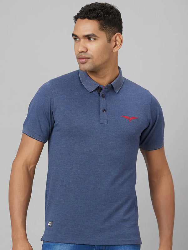 Men Blue Solid Lounge Casual T-Shirt With Printed Logo