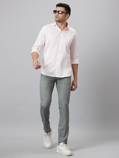 Mens Baby Pink Cotton Linen Opaque Casual Shirt Full Sleeves With Spread Collar