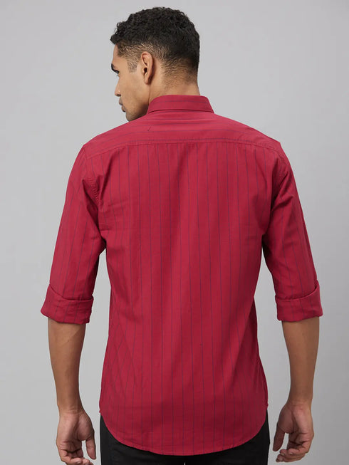 Men Red Striped Sustainable Casual Shirt With Full Sleeves