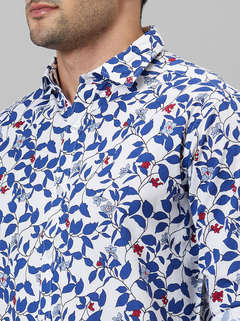 Mens White Floral Printed Spread Collar Cotton Linen Casual Shirt