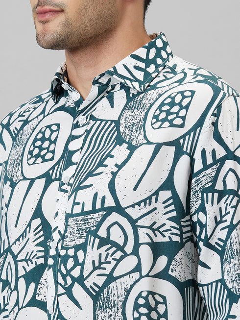 Mens White Abstract Printed Cotton Linen Casual Shirt With Spread Collar