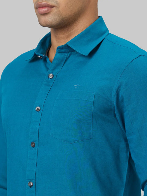 Men Teal Blue Solid Sustainable Casual Shirt Full Sleeves
