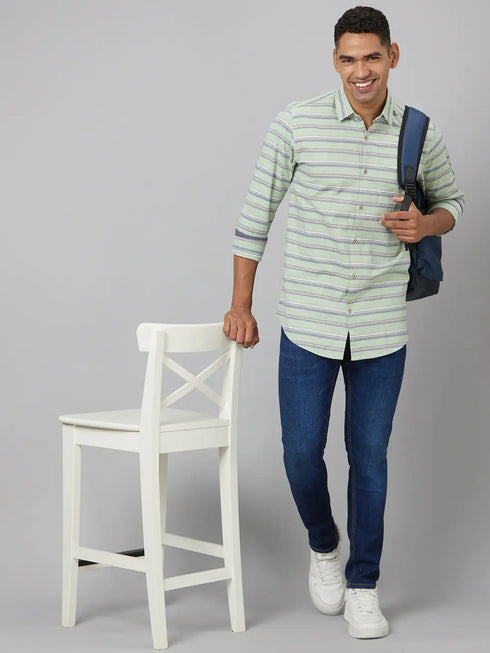 Men Green Striped line Sustainable Casual Shirt With Full Sleeves