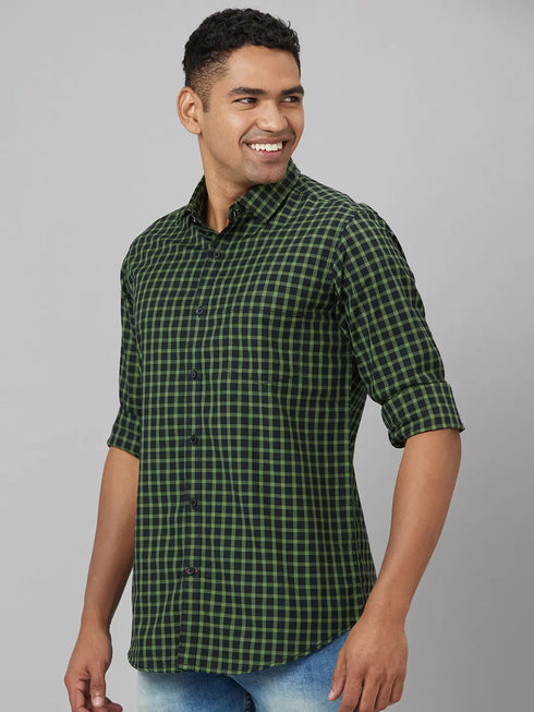 Men Green & Black Checked Sustainable Casual Shirt With Full Sleeves