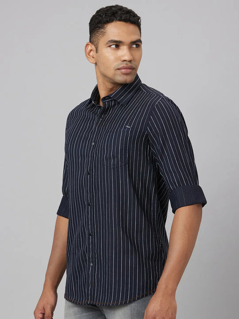 Men Navy Blue Striped Line Sustainable Casual Shirt With Spread Collar