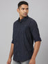 Men Navy Blue Striped Line Sustainable Casual Shirt With Spread Collar