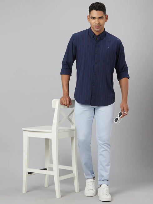 Men Blue Striped Sustainable Casual Shirt With Full Sleeves And Spread Collar