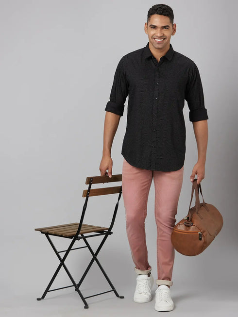 Mens Black Polka Dotted Sustainable Casual Shirt With Full Sleeves