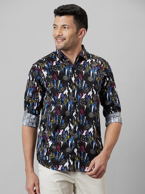 Mens Black Printed Casual Shirt Full Sleeves With Spread Collar