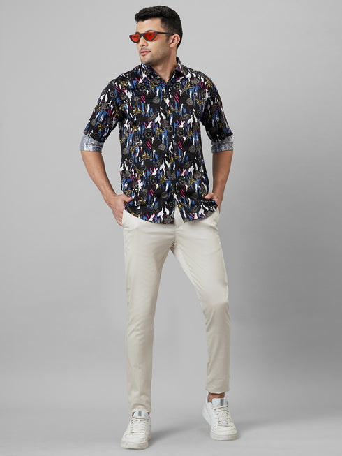 Mens Black Printed Casual Shirt Full Sleeves With Spread Collar