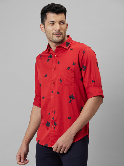 Mens Red Geometric Printed Cotton Linen Casual Shirt