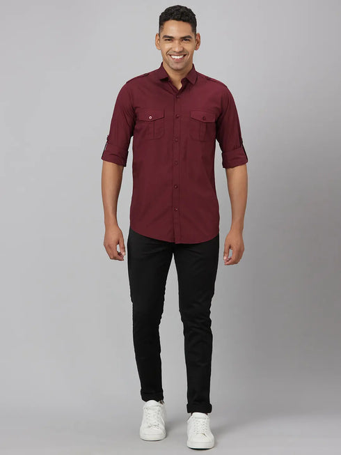 Men Maroon Solid Sustainable Casual Shirt With Full Sleeves