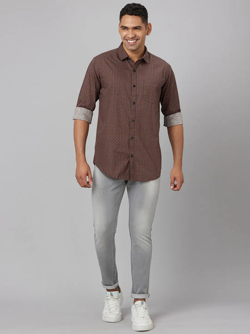 Men Coffee Brown Printed Sustainable Casual Shirt With Spread Collar And Full Sleeves