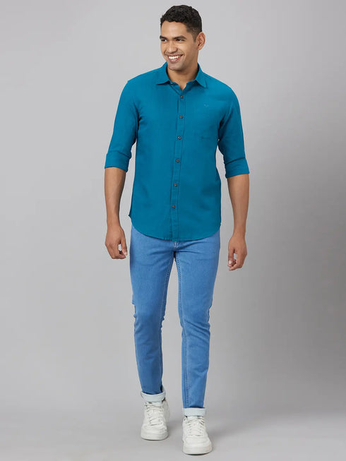 Men Teal Blue Solid Sustainable Casual Shirt Full Sleeves