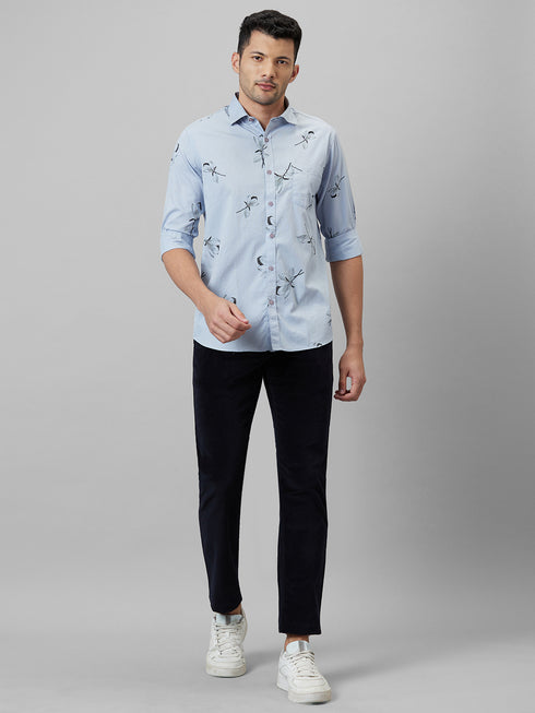 Mens Sky Blue printed casual shirt full sleeves with spread coller